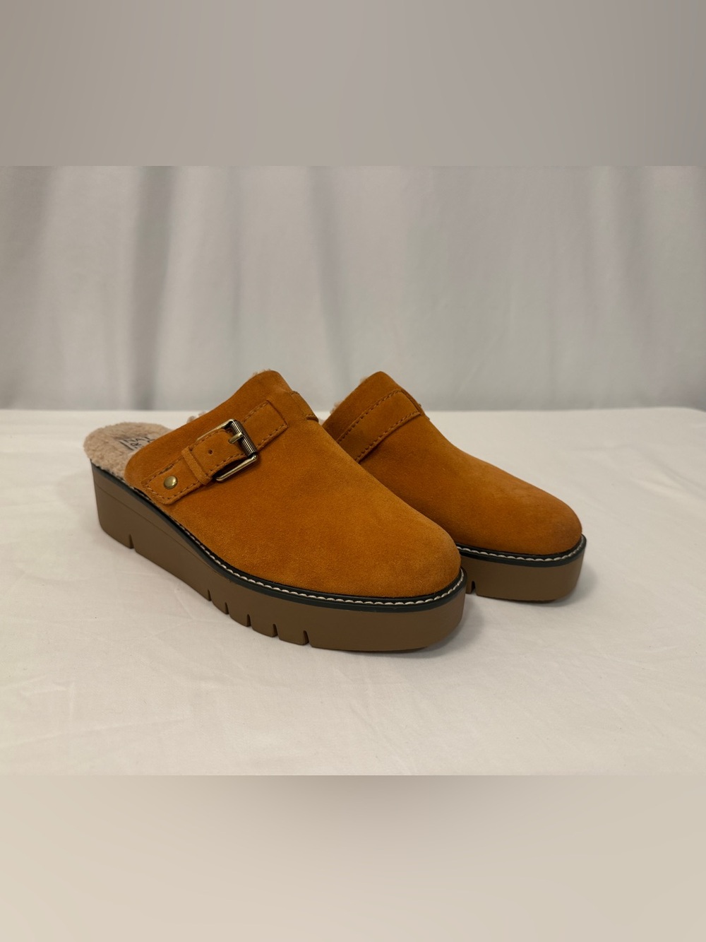 Naturalizer Wayde Suede Clog Mules Cognac Sherpa Lined Platform Buckle ~8 8.5